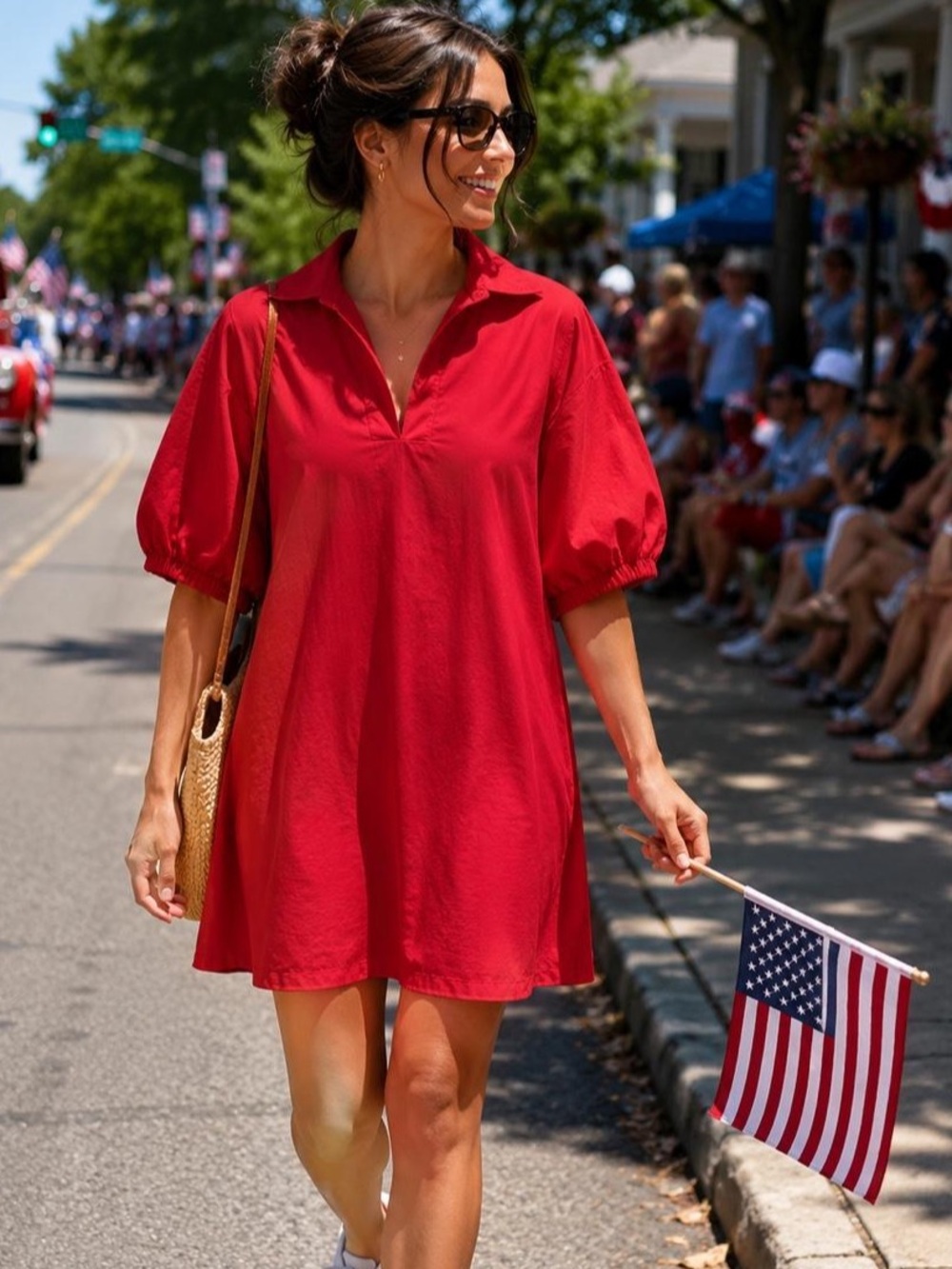 Red Puff Sleeve Cotton Mini Dress Cottagecore Summer Small USA 4th